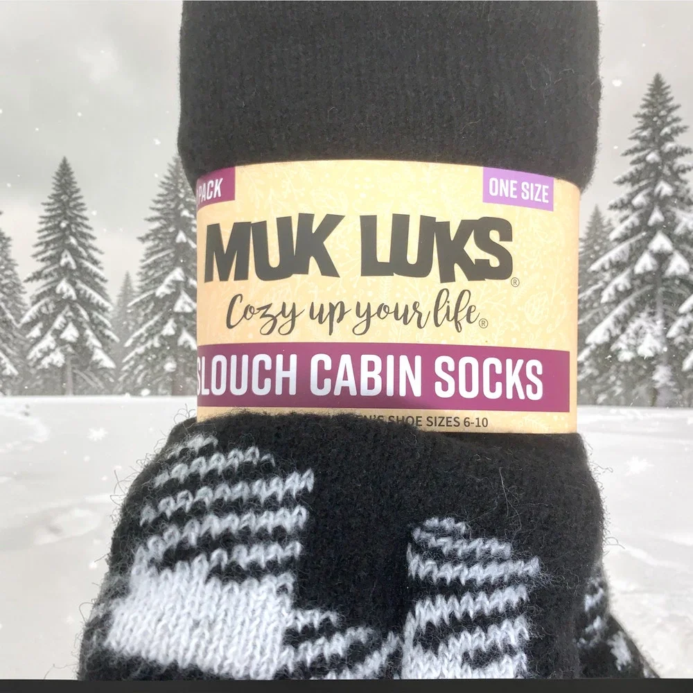 NEW MUK LUKS Cabin Socks Buffalo Plaid Black White Non Skid Women's Sz 6-10 NWT